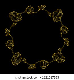 wreath of linear gold flowers on a black background. place for your text. Floral decor for cards, posters, brochures. 