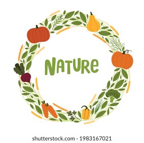 Wreath of Local Organic Food and Eco Products with Pumpkin and Greenery Vector Illustration