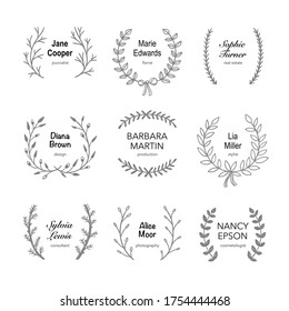 Wreath logo vector collection. Hand drawn laurel wreath branding clipart set. Logotype template concept sample text