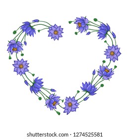 Wreath from lotus flowers, floral heart shaped decoration border, botanical design elements