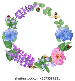 Wreath with lupine, campanula, hydrangea, ladybugs and bees on an isolated background. With space for your text.