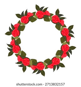 Una corona de rosas rojas exuberantes, elegantes y brillantes para su diseño. Ilustración vectorial aislada en un fondo blanco.
