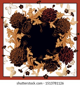 Wreath of luxurious flowers peonies, baroque style ornament details and butterflies. Black, white and gold foil print. Template for design scarf or pillow. Vector. Vintage art. Floral pattern.