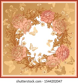 Wreath of luxurious flowers peonies, baroque style ornament details and butterflies. Pink, white and gold foil print. Template for design scarf or pillow. Vector. Vintage art. Floral pattern.