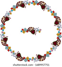 Wreath made of abstract elements and flowers. Endless horizontal pattern brush. Hand drawn vector illustration, doodle style. For design projects, wrapping paper, posters. 