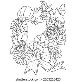 Wreath made of autumn flowers fruits mushrooms berries pumpkin butterflies thanksgiving coloring art outline