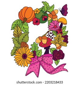 Wreath made of autumn flowers fruits mushrooms berries pumpkin butterflies thanksgiving coloring art