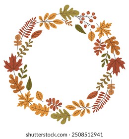 A wreath made of autumn leaves with a white background. The leaves are of different sizes and colors, and they are arranged in a circular pattern. The wreath is a beautiful