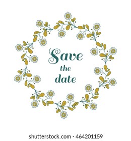 Wreath made from blue floral elements. Can be used for design of wedding invitation. Vector illustration.