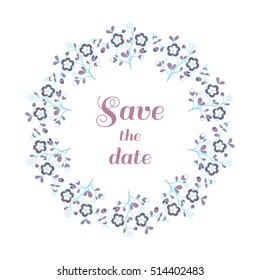 Wreath made from blue flowers. Can be used for design of wedding invitation. Vector illustration.
