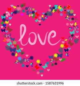 Wreath made from confetti hearts butterfly and flowers. Cute heart frame with love text. Modern colorful rainbow love design vector isolated on pink background. For print clothes, cards