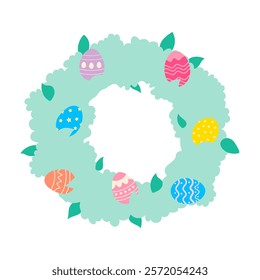 A wreath made of eggs with a blue background. The eggs are of different colors and sizes