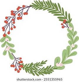 A wreath made of green leaves and berries with a white background