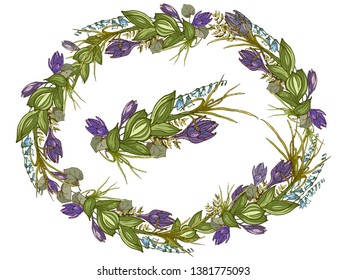 Wreath made of hand drawn botaic design elements. Isolated on white background.Vector.