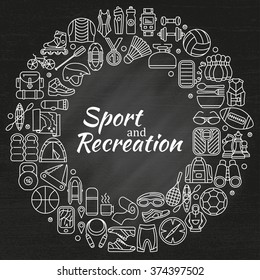 Wreath made of line icons. Sport, fitness and recreation equipment. Outdoor, tourism and hiking, Rafting and kayaking. Chalk board background. Info graphic elements. Simple design. Vector illustration