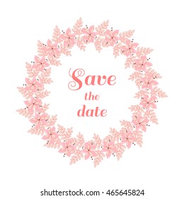 Wreath made from pink floral elements. Can be used for design of wedding invitation. Vector illustration.