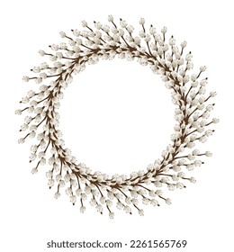 Wreath made of pussy willow branches on white background