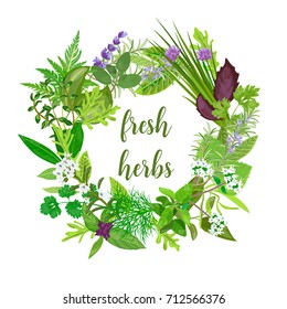 Wreath made of Realistic herbs and flowers with text. Herbs and Spices shop logo. For health care, invitations, greetings, design, label, banner, poster, advertising, Card, packing, wrapping, tag