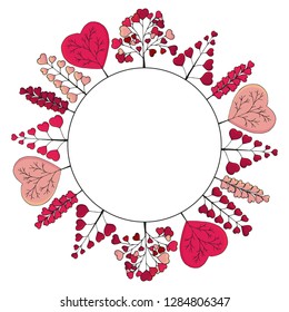 wreath is made of romantic pink herbs and trees. template for your design. form for text. Hand drawn. Vector illustration.