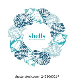 Wreath made from sea shells. Marine background in outline style. Vector illustration for design of cards, background, banner, poster