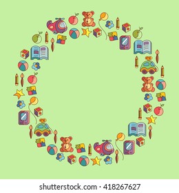 Wreath made of toys on green background. Colorful card template with space for text. Vector illustration.