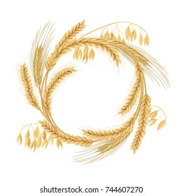 Wreath made of Wheat, barley, oat and rye spikes. Four cereal corns with ears, and free space. 3d icon vector. Horizontal label. For design, logo, symbol, cooking, bakery, tags, labels, textile