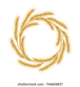 Wreath made of Wheat. Concept for organic products label, harvest and local farming, bakery. Set of simple cereal ears and spikes. icons and corn design elements, fresh healthy food, bakery