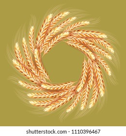 Wreath made of wheat spikelets with space for text. Realistic bakery frame. Autumn harvest. Vector design element for bakery package, bread products.
