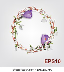 Wreath made of willow twigs, crocus, snowdrops. Natural decoration. 3d illustration