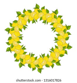 wreath is made from yellow lemons and green leaves. template for your design. form for text. Hand drawn. For packaging, advertisements. Vector illustration.