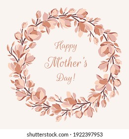 Wreath with magnolia branches, leaves, blooming flowers, buds. Floral vector frame in pastel color palette. Modern minimalist art. Illustration for greeting card, wedding invitation, other design.