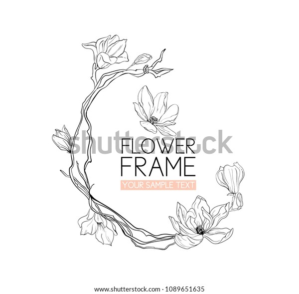 白黒の線画を描いたマグノリアの花絵 のベクター画像素材 ロイヤリティフリー