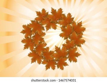 A wreath of maple leaves. Frame with bright leaves on the background of the rays of the sun for your design. Vector illustration