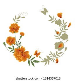 Wreath with marigold flowers, petals and a butterfly on a white background to create a greeting card