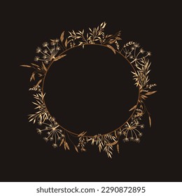 Wreath with meadow herbs. Dark background. Round frame with dried plants. Line art style. Layout border for invitations, postcards, logos, covers, labels.