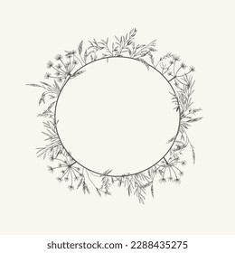 Corona con hierbas de prado. Marco redondo con plantas secas. Blanco y negro. Estilo de arte de línea. Ilustración vectorial. Borde de diseño para tarjetas de invitación, postales, logotipos, cubiertas, etiquetas.