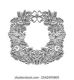 Wreath. Merry Christmas and Happy New Year illustration, for greeting cards, posters, holiday covers.