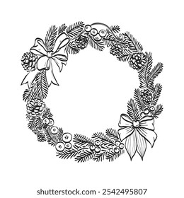 Wreath. Merry Christmas and Happy New Year illustration, for greeting cards, posters, holiday covers.