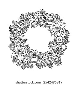 Wreath. Merry Christmas and Happy New Year illustration, for greeting cards, posters, holiday covers.