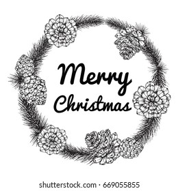 Wreath for Merry Christmas'day. With line art black and white illustration.