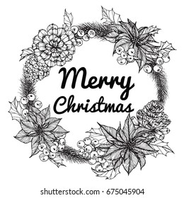Wreath for Merry Christmas'day. With line art black and white illustration.