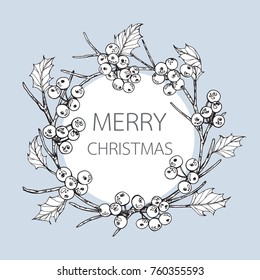 Wreath for Merry Christmas'day. With line art black and white illustration.