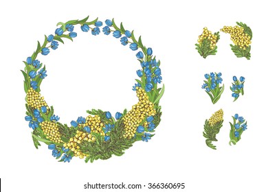 Wreath mimosa and bluebell. Hand-drawing elements for decorating cards. Vector illustration