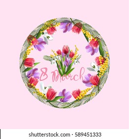  Wreath of mimosa,tulips and other flowers. Set flowers set  for the holiday March 8.