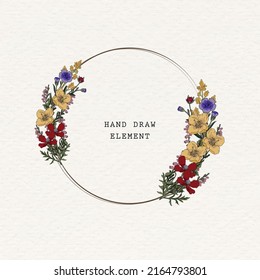 Wreath with mixed flowers. Healing flowers for cards, wedding invitation, save the date or greeting design. Spring or summer flowers with space for your text.