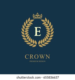 Wreath Monogram luxury design, graceful template. Floral elegant beautiful round logo with crown. Letter emblem sign E for Royalty, Restaurant, Boutique, Hotel, Heraldic, Jewelry. Vector illustration