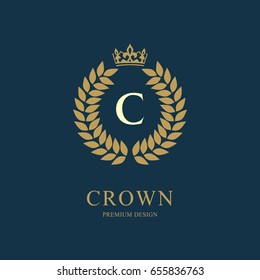 Wreath Monogram luxury design, graceful template. Floral elegant beautiful round logo with crown. Letter emblem sign C for Royalty, Restaurant, Boutique, Hotel, Heraldic, Jewelry. Vector illustration