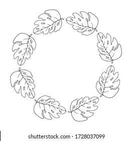 A wreath of monstera. Vector isolated illustration with a Monstera plant on a white background. Festive wreath for mother's Day, Easter, thanksgiving with leaves. Doodle style. Printing on postcards.