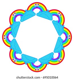 The wreath from a multicolored rainbow with blue clouds on a white background