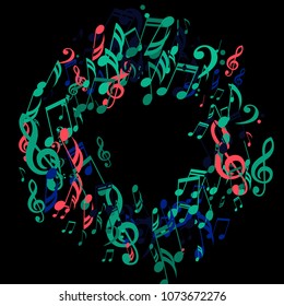 Wreath of Musical Notes. Abstract Background with Notes, Bass and Treble Clefs. Vector Element for Musical Poster, Banner, Advertising, Card. Minimalistic Simple Background.